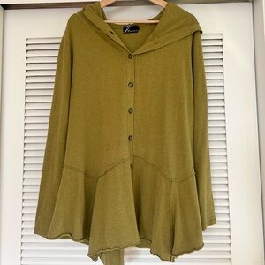 Women's Olive Hooded Button-Front Flared Hem Top